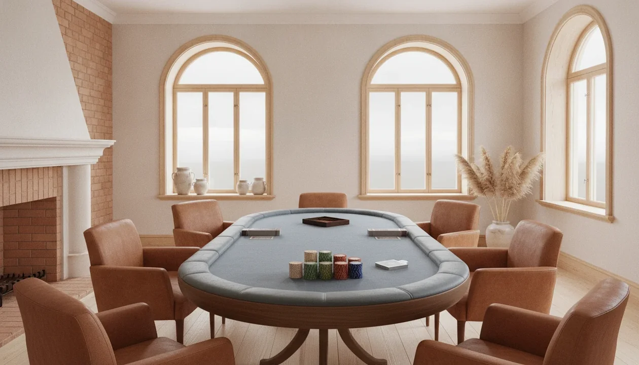 Quiet poker room with a felt table and daylight