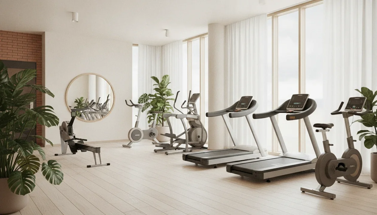 Bright hotel fitness room with cardio machines