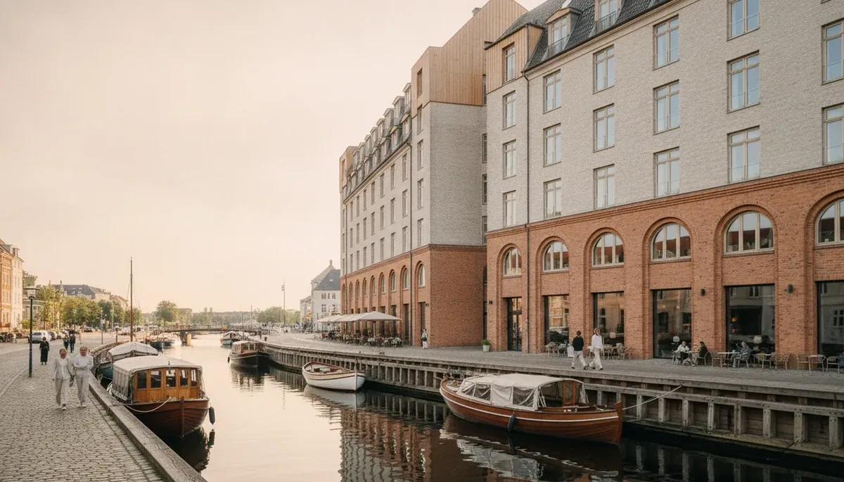 Bright editorial cover of a Copenhagen tower and canal